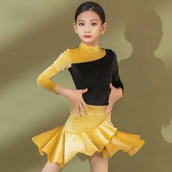 2021 Novo Latinsko Plesno Obleko Jeseni, Pozimi Dolg Rokav Dekleta Plesne Prakse Oblačila Žamet Uspešnosti Oblačila, Ki Slike 1