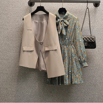 2021 ženske priložnostne jeseni obleko obleko telovnik dva kosa retro cvjetnim tiskanja šifon krilo majica dolg rokav dame lok kravato obleko s14