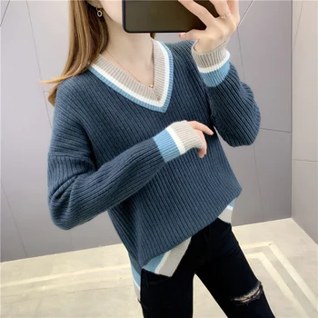 2021New pulover Plesti pulover ohlapen pulover ženske, pravi strel trakove za ujemanje barv V - neck knitted rokav
