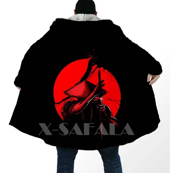 Debel Toplo Hooded Plašč za Ženske, Moške Samurai Masko Tatoo Ninja Suknji Plašč Windproof Runo Cape Haljo Hooded Odejo-6