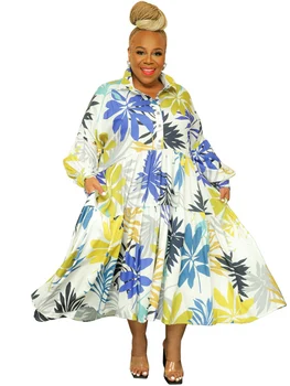 Dolgo Afriške Shirt Obleko Ženske Ruffle Mozaik, Poln Rokav Obleke Jeseni Mode Tiskanja Ulične Priložnostne Afriki Oblačila Obleke