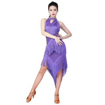 Latinsko Obleke Za Ženske Bleščečih Ples Salsa Samba Oblačila Visoko Vratu Robu, brez Rokavov Nezakonitih Dolgo Obleko z Ogrlico