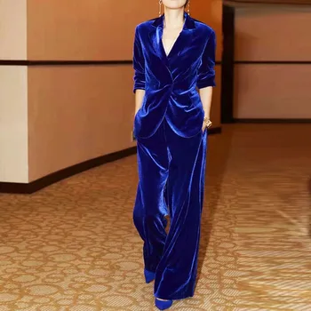 Najnovejši VISOKA KAKOVOST Modnih 2021 Oblikovalec obleko nastavite Žensk Zarezo Dolg Rokav Skrite Zapenjanje jopič hlače letnik Žamet set Slike 0