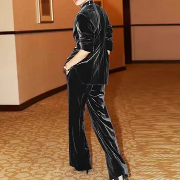 Najnovejši VISOKA KAKOVOST Modnih 2021 Oblikovalec obleko nastavite Žensk Zarezo Dolg Rokav Skrite Zapenjanje jopič hlače letnik Žamet set Slike 1