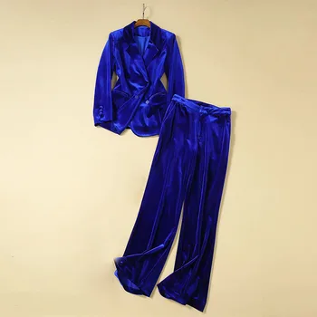 Najnovejši VISOKA KAKOVOST Modnih 2021 Oblikovalec obleko nastavite Žensk Zarezo Dolg Rokav Skrite Zapenjanje jopič hlače letnik Žamet set Slike 4