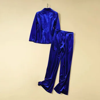 Najnovejši VISOKA KAKOVOST Modnih 2021 Oblikovalec obleko nastavite Žensk Zarezo Dolg Rokav Skrite Zapenjanje jopič hlače letnik Žamet set Slike 5