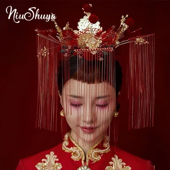 NiuShuya Retro Kitajski Xiuhe Headdress Dodatki, Poročni Hairwear Rdeče Pompoms Kostum Poročne Lase Jewlery
