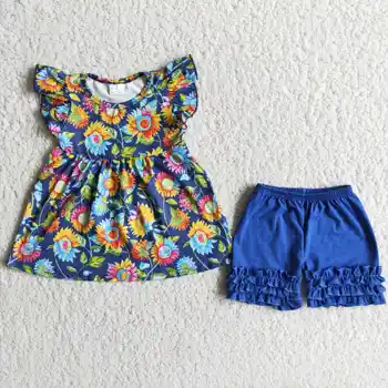 Nov Prihod Poletja 2pcs Baby Dekleta Obleke Cvetlični Sončnično Tunika Modra Bombaž Hlače Otroci Boutique Oblačila