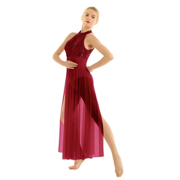 Odraslih Balet obleko ballerine femme Sequined Očesa Maxi lirično ples kostum z vgrajenim Leotard brez Rokavov Povodcem Plesno Obleko Slike 3