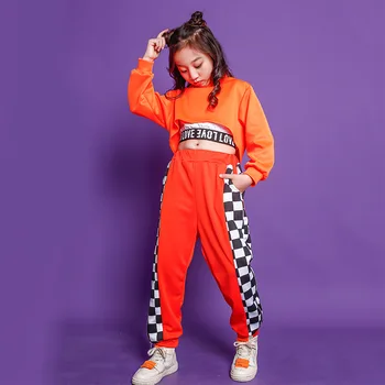 Otrok Hip Hop Oblačila Mock Neck Majica Obreži Zgoraj Oranžna Karirasti Ulične Split Jogger Hlače za Dekle Ples Kostum, Obleke