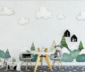Po meri 3D fotografije za ozadje zidana Nordijska minimalističen ročno poslikano gozda rastline v oblaku, otroška soba v ozadju stene Slike 0