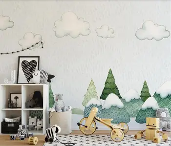 Po meri 3D fotografije za ozadje zidana Nordijska minimalističen ročno poslikano gozda rastline v oblaku, otroška soba v ozadju stene Slike 1