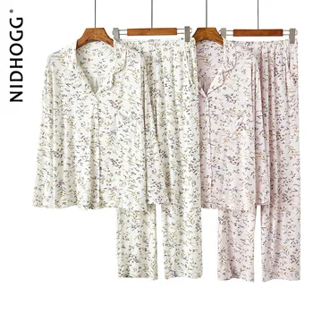 Pomlad / Jesen Japonski River Modal Cvetlični Pižamo Žensk Svoboden Mehko Dolgo sleeved Hlače Natisnjeni Domov Storitev bo Ustrezala Sleepwear