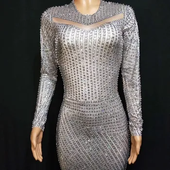 Sparkly Kristali Dolga Obleka Ženske Večer Stranka Okrasnih Obleke Rojstni Dan Praznovanje Obleka Za Nočni Klub Fazi Kostumi Slike 3