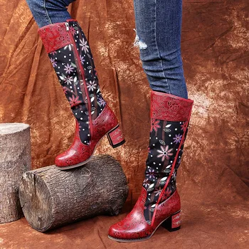 Vintage Mozaik Zahodni Kavbojski Škornji Ženske Čevlje Bohemian Pravega Usnja Čevlji Ženska Sredi tele Škornje Jeseni Botas Mujer Slike 1