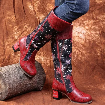 Vintage Mozaik Zahodni Kavbojski Škornji Ženske Čevlje Bohemian Pravega Usnja Čevlji Ženska Sredi tele Škornje Jeseni Botas Mujer Slike 2