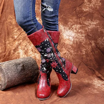 Vintage Mozaik Zahodni Kavbojski Škornji Ženske Čevlje Bohemian Pravega Usnja Čevlji Ženska Sredi tele Škornje Jeseni Botas Mujer Slike 3