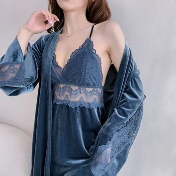 Čipke Velur Mozaik Homewear 2pcs Kimono Plašč Nastavite Ženske More Intimno Perilo Priložnostne Žamet Sleepwear Baathrobe Obleke