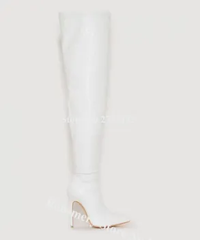 Ženske Elegantne Moda Belo Usnje Nad Kolena Stiletto Hee Čevlji Konicami Prstov Slim Slog Dolgo Visoke Pete, Čevlji Obleko Petah Slike 1